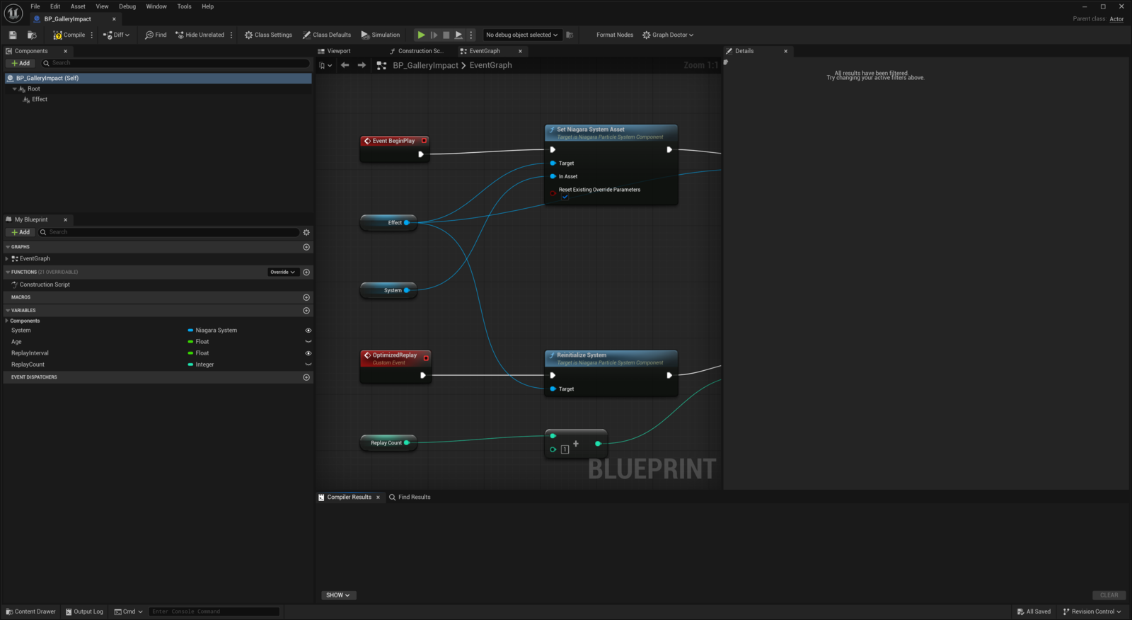 The real BP_GalleryImpact editor showing its Effect component, System and ReplayInterval variables, and EventGraph.