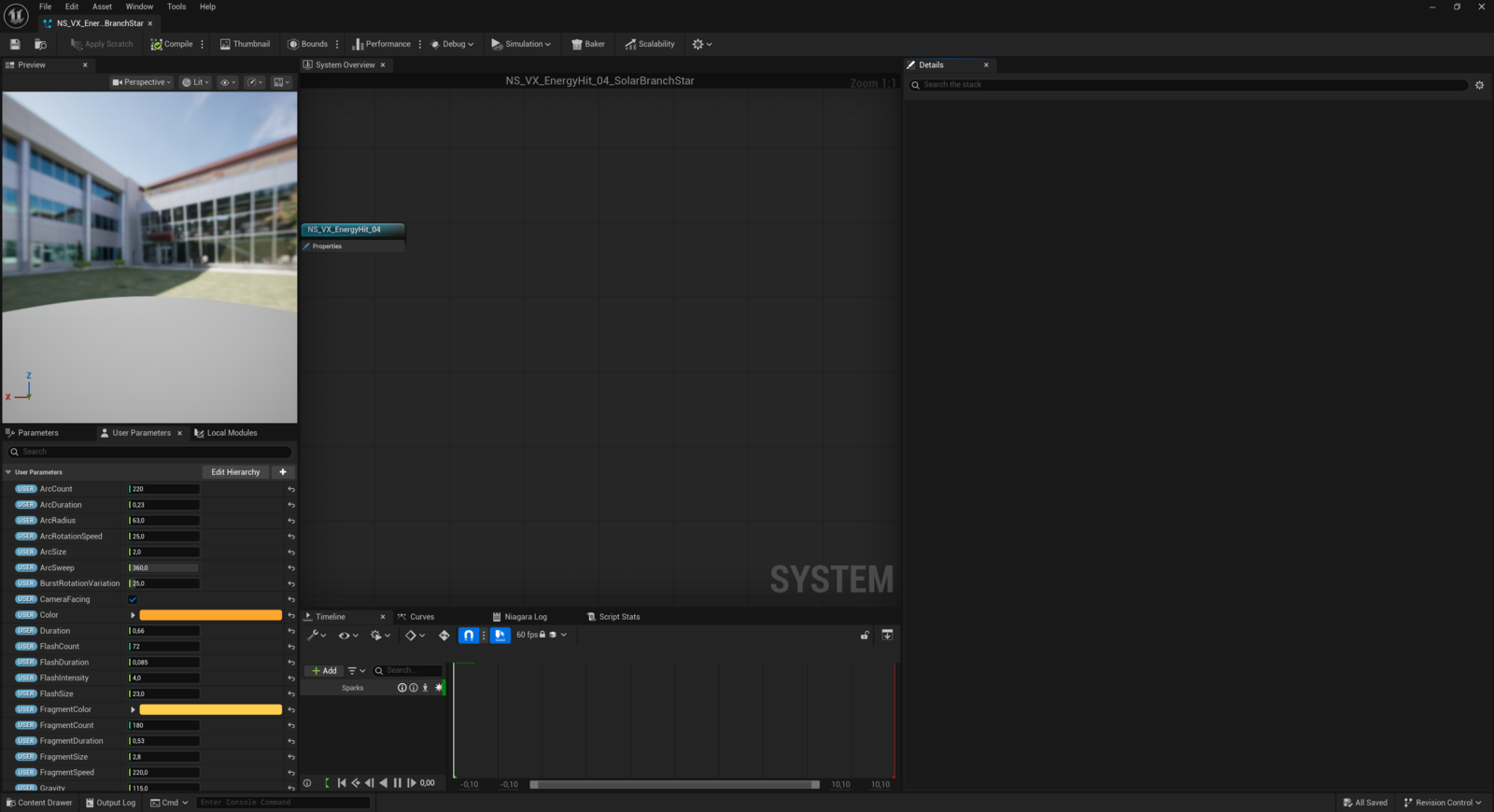 Solar Branch Star open in the real Niagara editor, with User Parameters visible at the lower left.